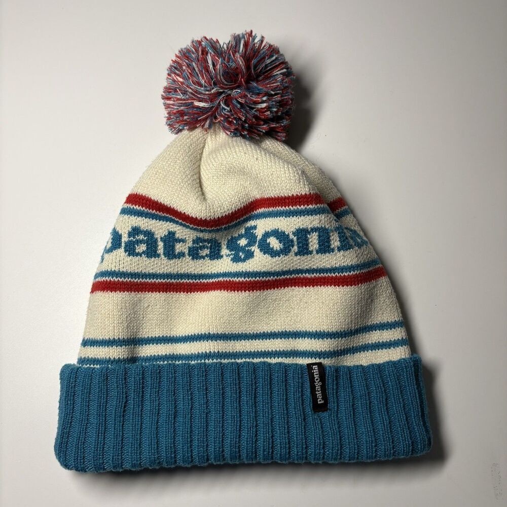 Patagonia Vintage Style Knit Pom Beanie Hat Blue White Red Striped Cuffed Logo
